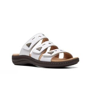Clarks White Leather Comfort Slide Sandals Triple Strap Cushioned Footbed New